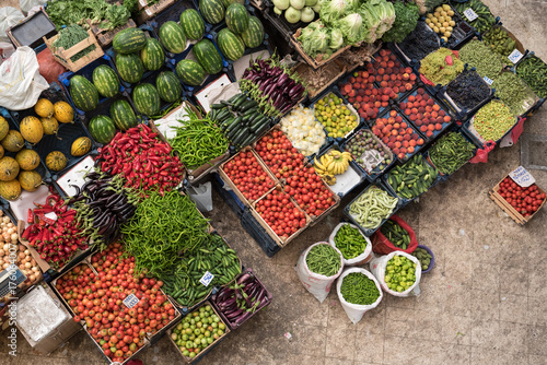 Top view of popular Melike Hatun Bazaar or kadinlar pazari(Women Bazaar) that is a traditional Turkish grocery bazaar where people buy Vegetables, fruits and spices in Konya,Turkey. photo