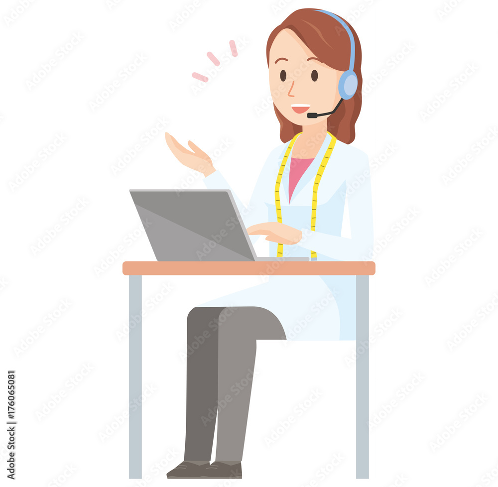 Illustration of a female nutritionist talking with a headset - whole body Illustration of a female nutritionist talking with a headset - whole body