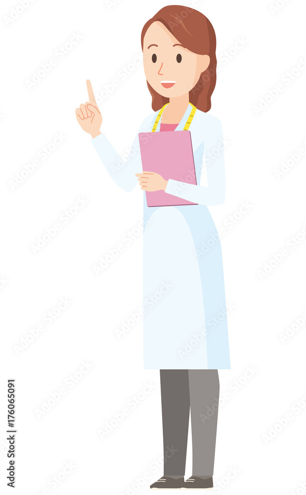 Illustration of a female nutritionist pointing at an angle towards a finger - whole body Illustration of a female nutritionist pointing at an angle towards a finger - whole body