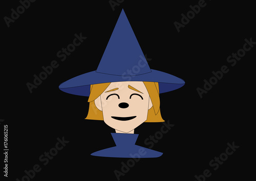 head of a witch in a purple hat on a dark background