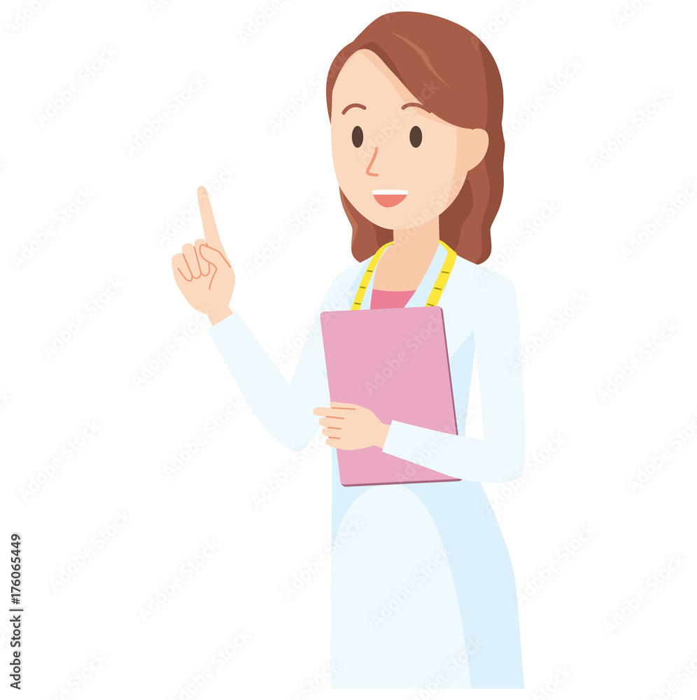 Illustration of a female nutritionist pointing at an oblique finger - upper body Illustration of a female nutritionist pointing at an oblique finger - upper body