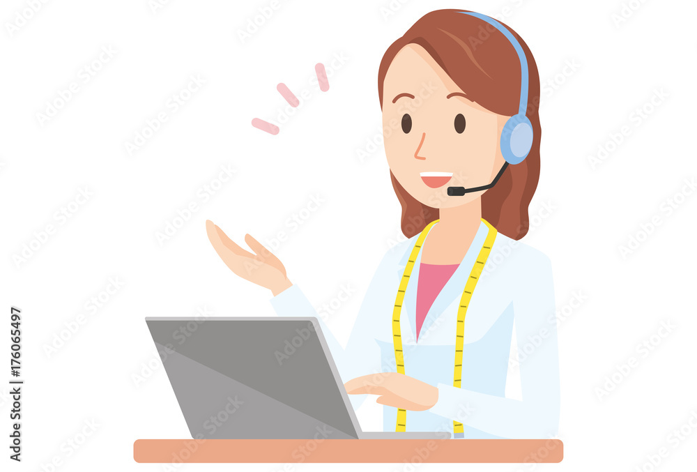 Illustration in which a female nutritionist is talking with a headset - upper body Illustration in which a female nutritionist is talking with a headset - upper body