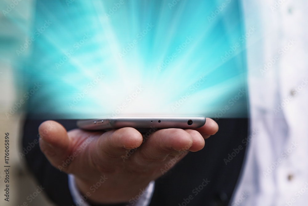 Using and touch screen smartphone. (3D, flying network connection, digital technology concept)