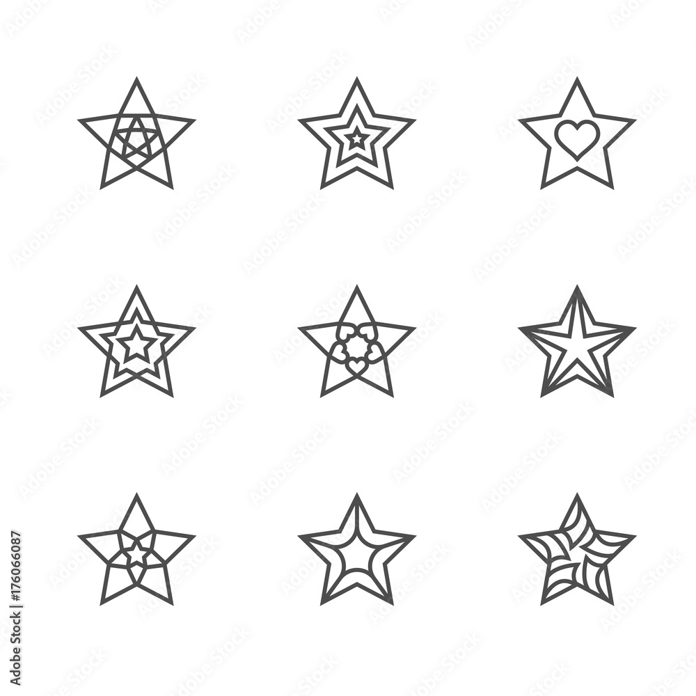Christmas star symbol outline stroke design black and white color with pattern set illustration isolated on white background Christmas star symbol outline stroke design black and white color with pattern set illustration isolated on white background
