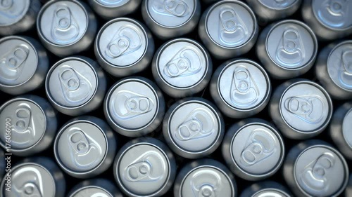 3d CGI seamless animation of camera moving over metal cans for drinks. Perfect background for beverage manufacturing and nutrition business.