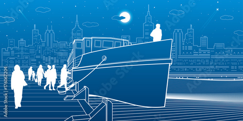 Ship at the water. People get on the boat. City life. Modern town in background. White lines transport illustration. Blue background. Vector design art