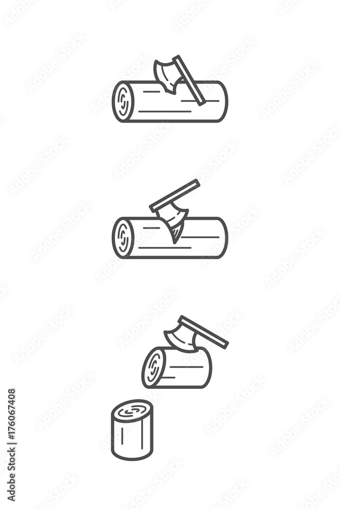 Carpenter equipment tool set step of chopping timber by axe symbol icon concept idea outline stroke design illustration black and white color isolated on white background, vector eps10 Carpenter equipment tool set step of chopping timber by axe symbol icon concept idea outline stroke design illustration black and white color isolated on white background, vector eps10