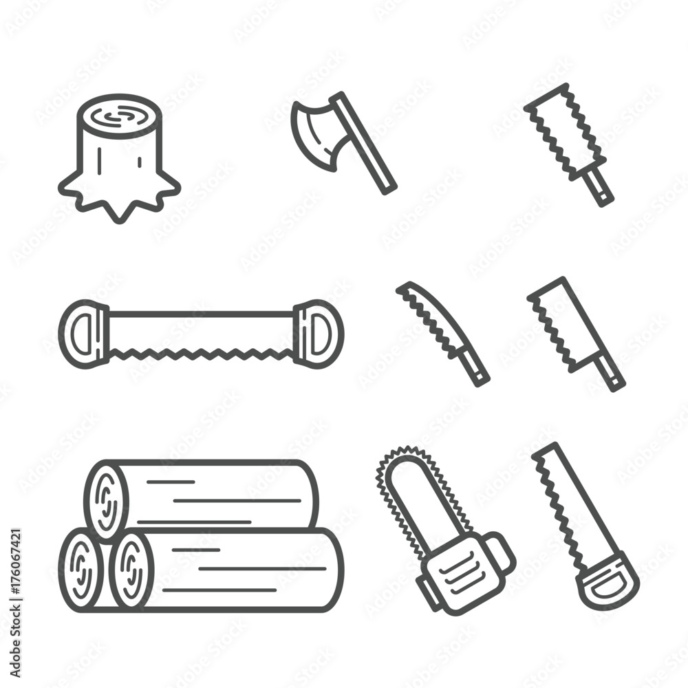 Carpenter equipment tool and stump, timber symbol icon set outline stroke design illustration black and white color isolated on white background, vector eps10