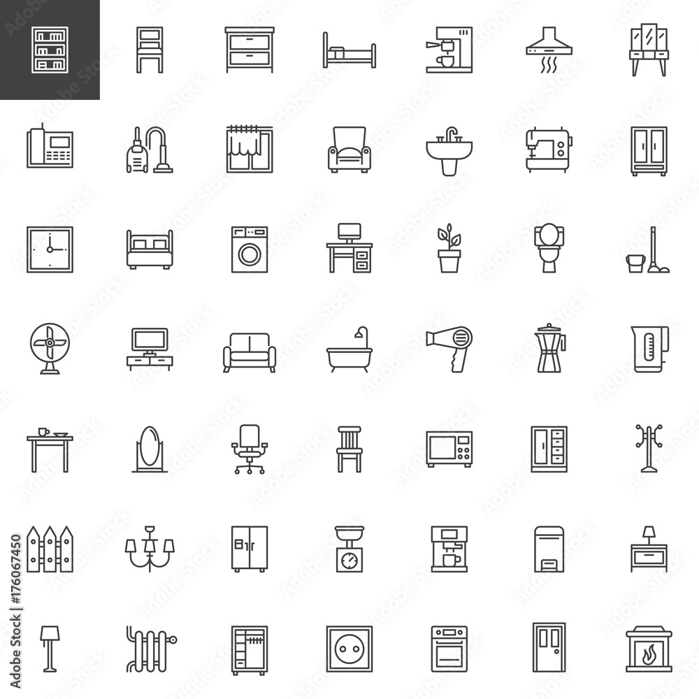 Home interiors furniture line icons set, outline vector symbol collection, linear style pictogram pack. Signs, logo illustration. Set includes icons as bookcase, chair, chest of drawers, armchair, tv