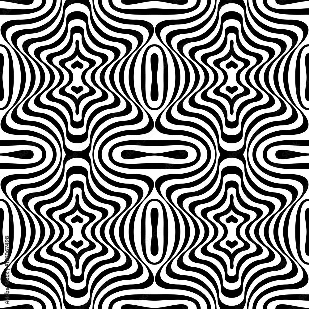 Black and white opt art seamless pattern. Abstract geometric striped pattern. Vector illustration. Wavy and striped background. Black and white opt art seamless pattern. Abstract geometric striped pattern. Vector illustration. Wavy and striped background.