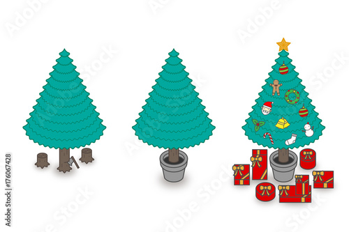 Step of chopping timber by axe make Christmas Tree concept idea illustration colorful isolated on white background, vector eps10
