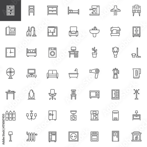 Home interiors furniture line icons set, outline vector symbol collection, linear style pictogram pack. Signs, logo illustration. Set includes icons as bookcase, chair, chest of drawers, armchair, tv