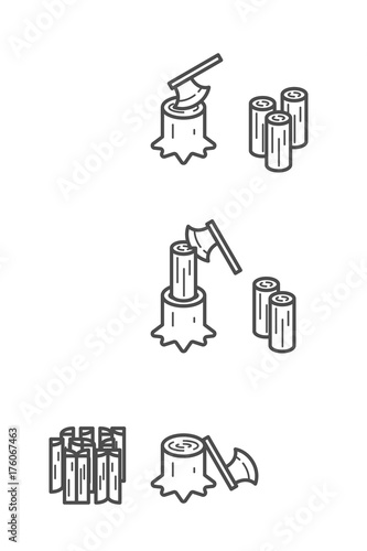 Carpenter equipment tool set step of chopping timber by axe on stump make firewood symbol icon concept idea outline stroke design illustration black and white color isolated on white background