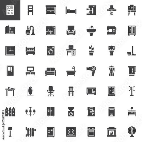 Home interiors furniture vector icons set, modern solid symbol collection, filled pictogram pack. Signs, logo illustration. Set includes icons as bookcase, chair, chest of drawers, armchair, tv