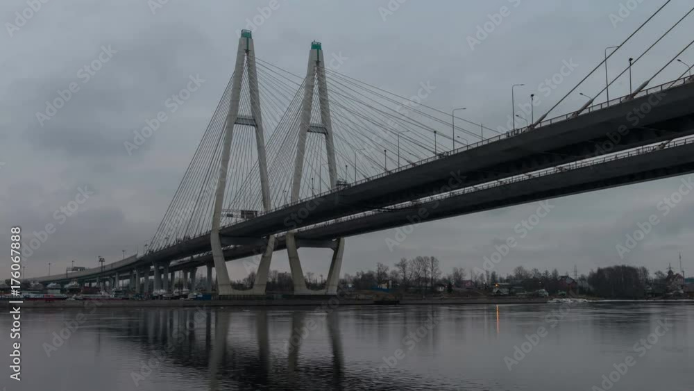 View of the cable-stayed bridge across the Neva River in St. Petersburg View of the cable-stayed bridge across the Neva River in St. Petersburg