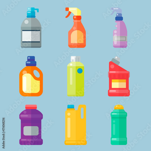 Bottles of household chemicals supplies cleaning housework plastic detergent liquid domestic fluid cleaner pack vector illustration.
