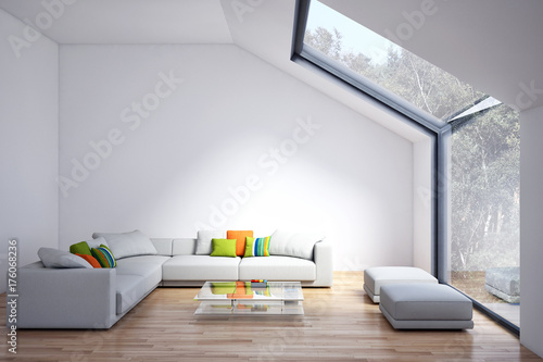 Modern bright living room  white wall. 3D rendering illustration