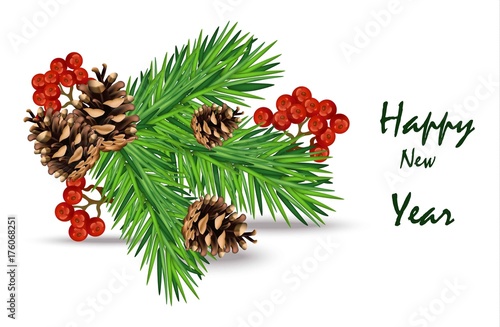 Happy New Year Card Vector. Fir tree branches and viburnum on whites