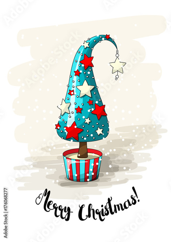 Seasonal motive, abstract christmas tree with stars, pearls and text Merry Christmas, vector illustration