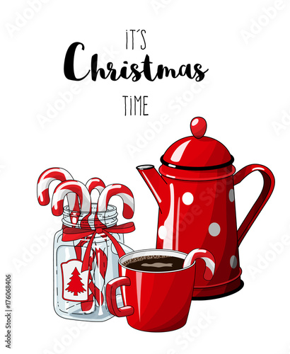 Red vintage coffee pot with cup an glass jar with candy canes on white background, with text It's Christmas time, illustration in country style