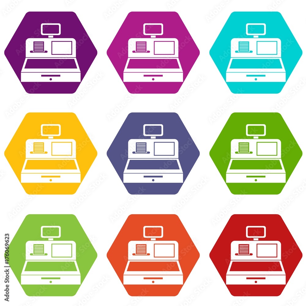 Cash register with cash drawer icon set color hexahedron Cash register with cash drawer icon set color hexahedron