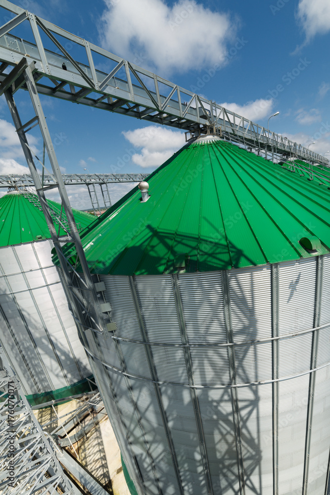 A modern granary, metal silos with a green roof. A modern granary, metal silos with a green roof.