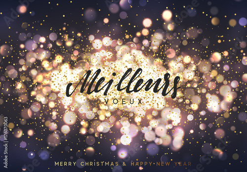 Meilleurs voeux Joyeux Noel. Christmas background with golden lights bokeh. Xmas greeting card. Magic holiday poster, banner. Night bright gold sparkles background