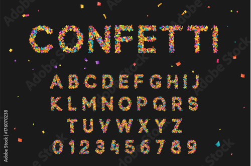 Font set with letters from multi-colored paper confetti.
