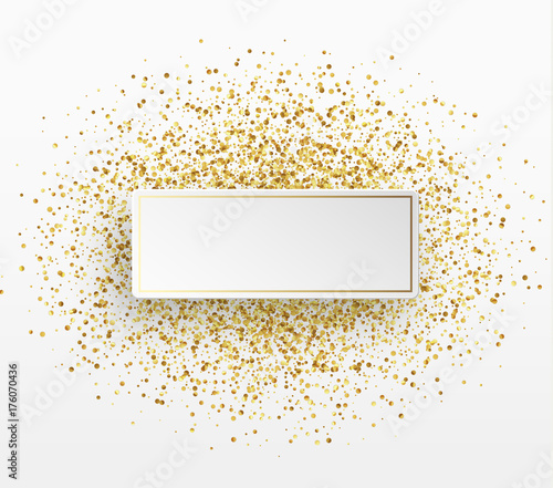 Golden bright sparkles background. Paper white bubble for text.