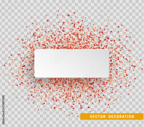 Banner with a place for the text is strewn with petals in the form of red hearts.