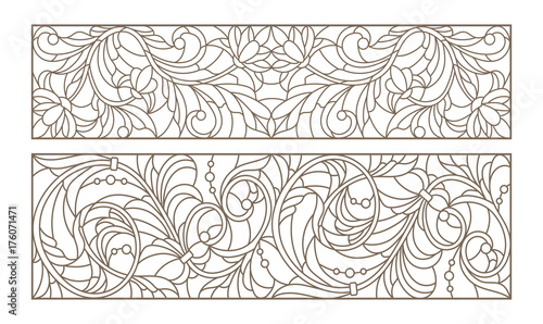 Set contour illustrations of stained glass with abstract swirls and flowers , horizontal orientation