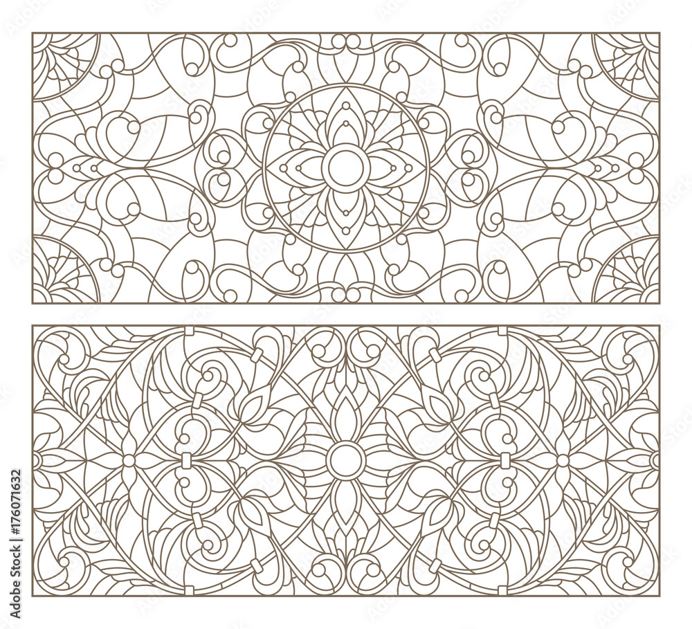 Set contour illustrations of stained glass with abstract swirls and flowers , horizontal orientation Set contour illustrations of stained glass with abstract swirls and flowers , horizontal orientation