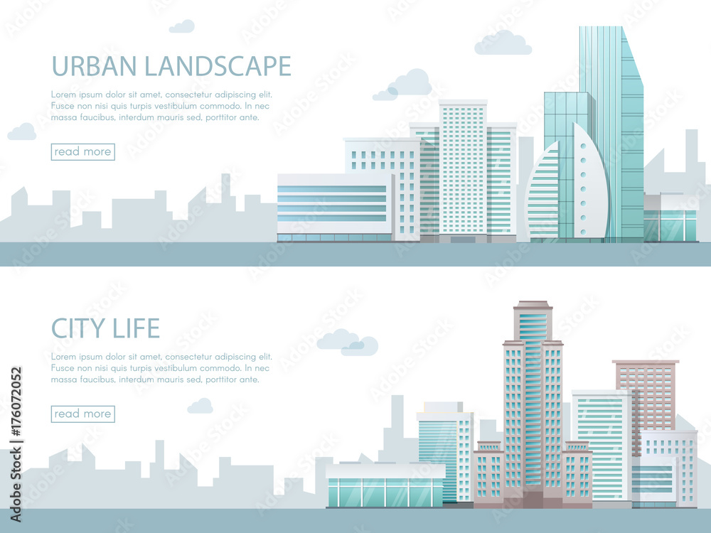 Web banner modern vector illustration of urban landscape with buildings, shop and stores, transport. Flat city.
