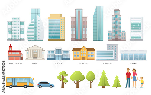 Fototapeta Naklejka Na Ścianę i Meble -  City life Infographic set with buildings and modern city houses, family, cars, trees flat vector icons.