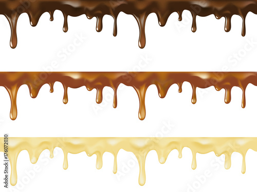 Realistic vector set of melted dark, white and milk sweet chocolate dripping seamless. Vector design for desserts or cafeteria and patisserie cakes and cookies.