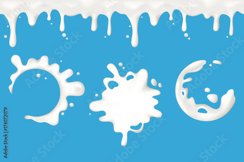 Realistic vector white milk or yoghurt blots and splash set, dripping liquid drips seamless. Vector design for desserts or cafeteria, patisserie cakes, packaging and advertising.