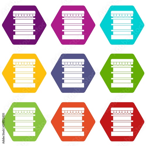 Empty supermarket refrigerator icon set color hexahedron