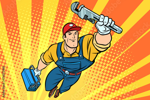 Worker plumber superhero flying photo
