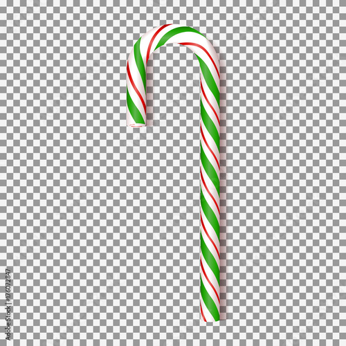 Realistic Xmas candy cane isolated on transparent backdrop. Vector illustration.Template for greeting card on Christmas and New Year. Top view on icon.