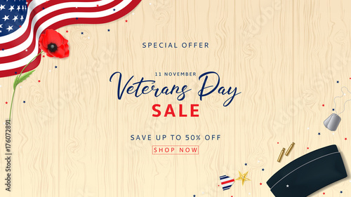 Veterans Day Sale Web Banner. Holiday Backdrop with USA Flag and Red Poppy. Top View on Sleeves, Medal, Soldier Tag and Cap on wooden texture. Vector Illustration with Confetti.