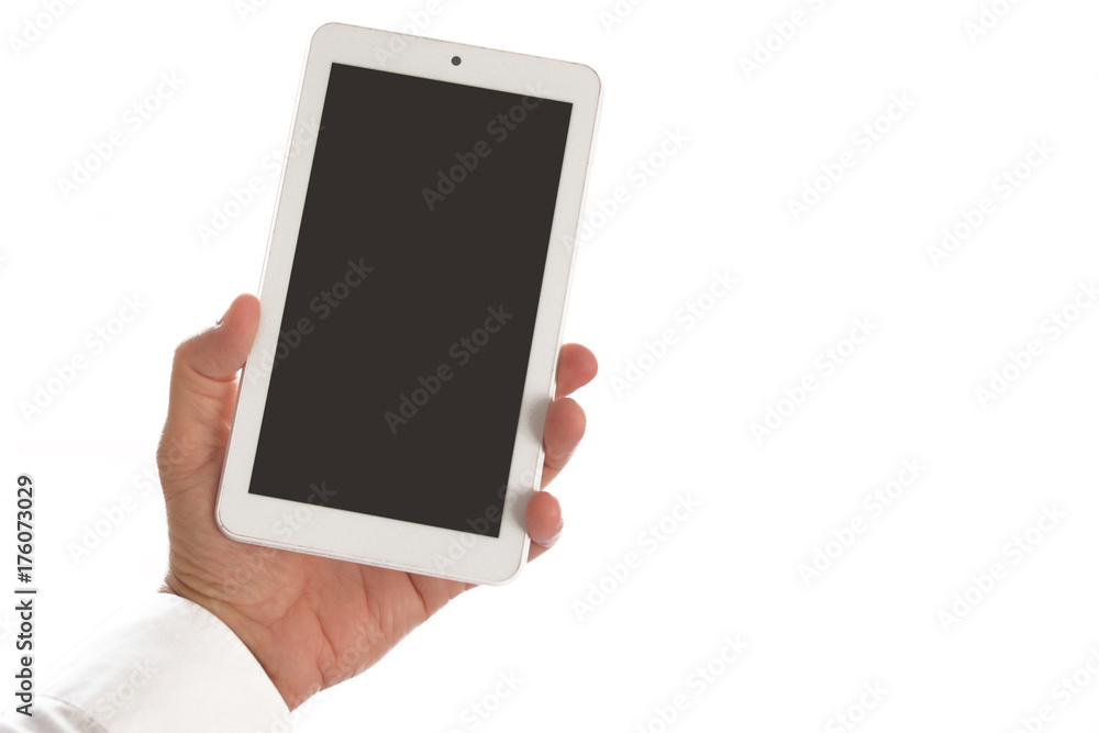 Business man holding and using a white tablet. Empty copy space for Editor's text. Business man holding and using a white tablet. Empty copy space for Editor's text.