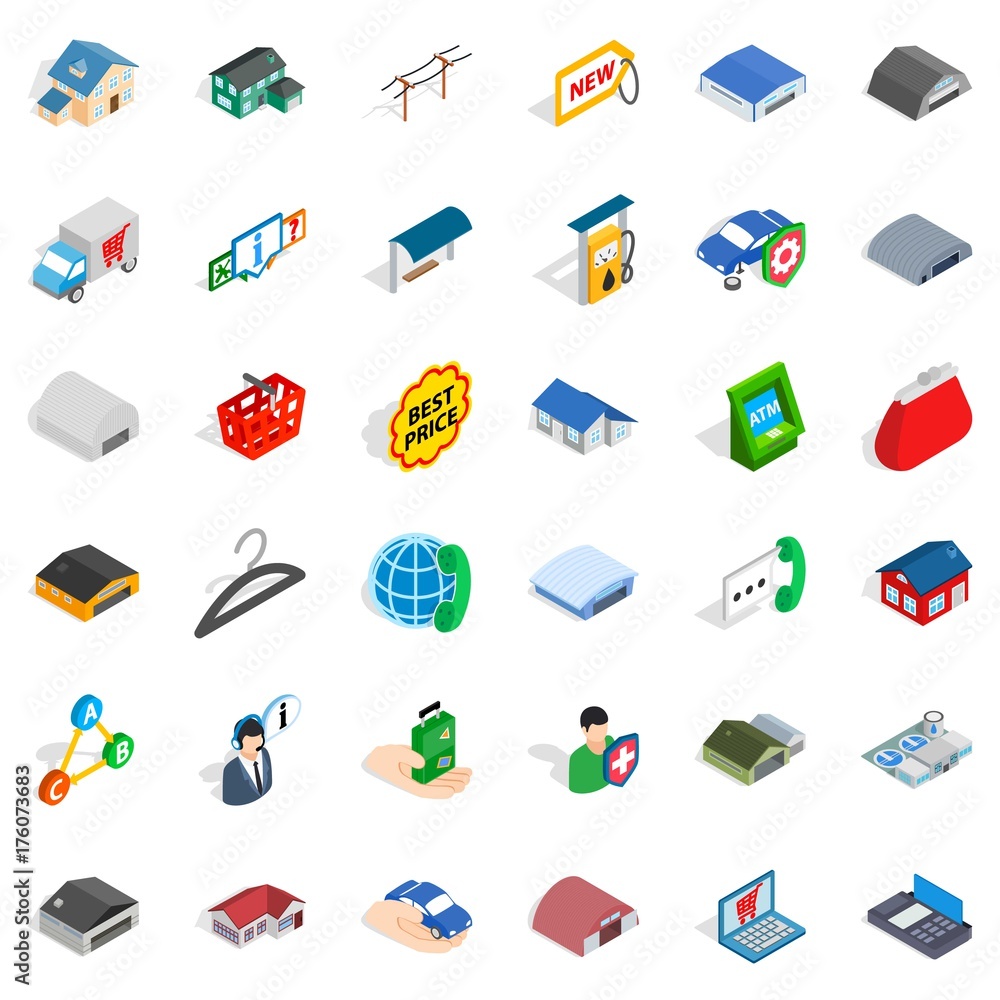 Hangar icons set, isometric style Hangar icons set, isometric style