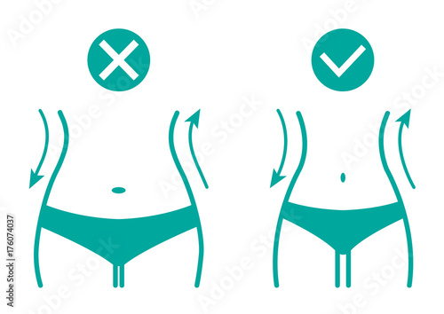 Fat and slim woman figure, before and after weight loss. Female body silhouette. Women waist, weight loss, diet, waistline line icon. Vector illustration