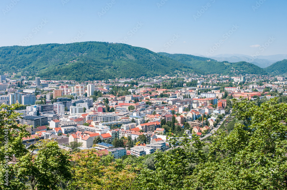 Fototapeta premium Old Town from the Grazer Schlossberg. Graz. Austria. Graz - capital of Styria, UNESCO World Heritage.Photo taken 12-5-2017.