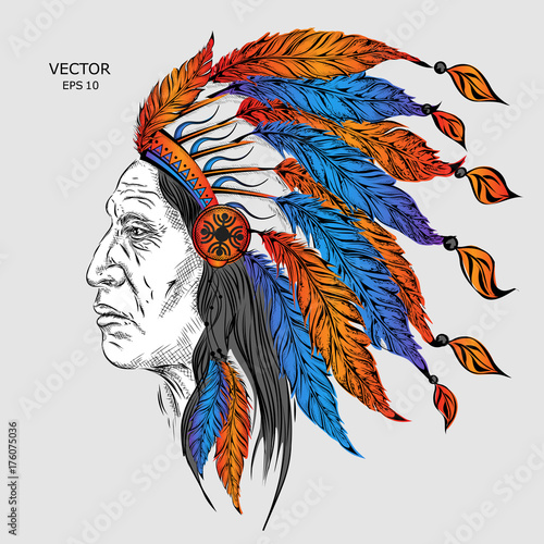 Man in the Native American Indian chief. Black roach. Indian feather headdress of eagle. Hand draw vector illustration