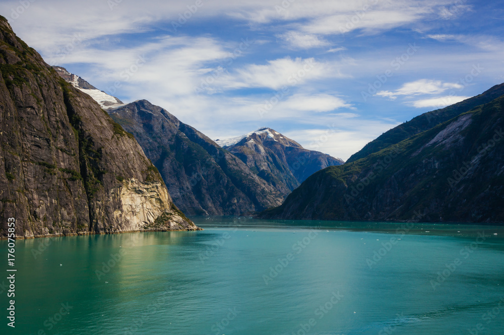Snow-covered mountain peak from Tracy Arm Fjord, Alaska