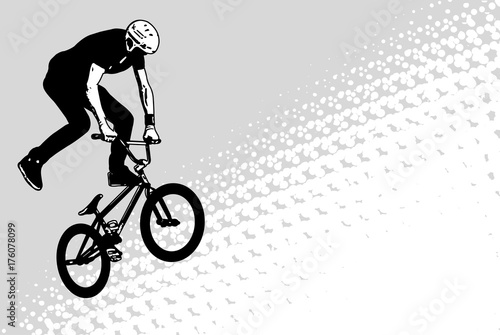 bmx cyclist sketch on abstract halftone background - vector