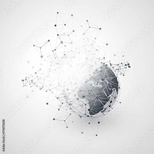 Black and White Modern Minimal Style Cloud Computing, Network Structure, Telecommunications Concept Design, Connections, Transparent Geometric Wireframe - Vector Illustration