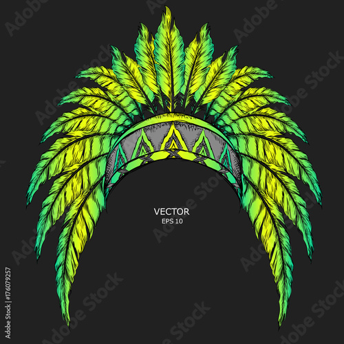 Native American Indian colored chief. Red and black roach. Indian feather headdress of eagle.