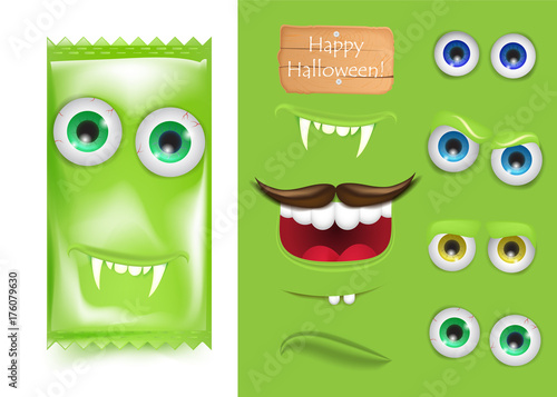 Halloween Emoji creator constructor of candy monster frankenstein. Smile and laught, vampire teeth and sad face . Trick or treat. Vector illustration for greeting card, ad, promotion, poster, flyer